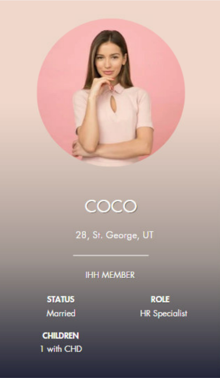Coco persona card: 28, St. George, UT, IHH member, married, HR specialist, one child with CHD