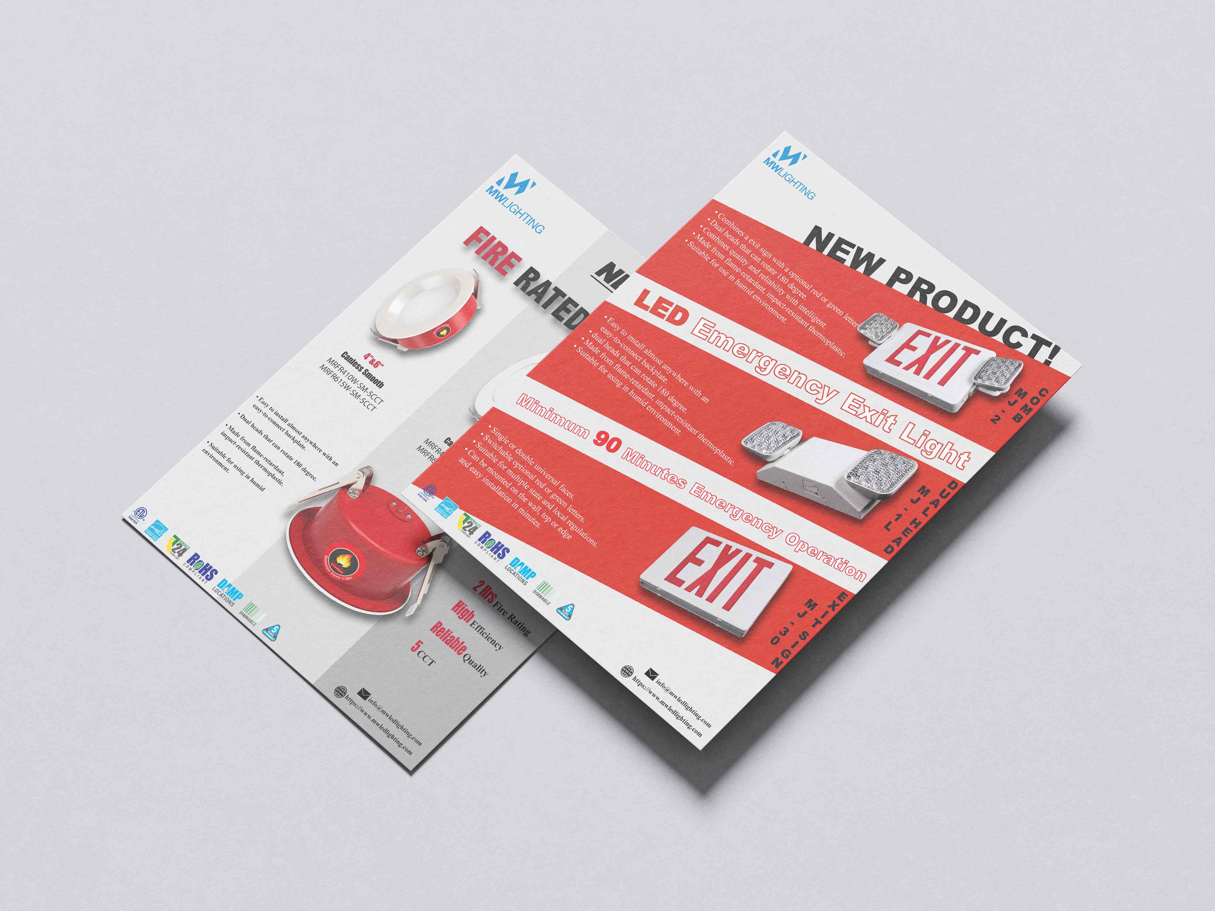 Printed mockup of the MW Lighting fire rated down light and emergency exit light flyers