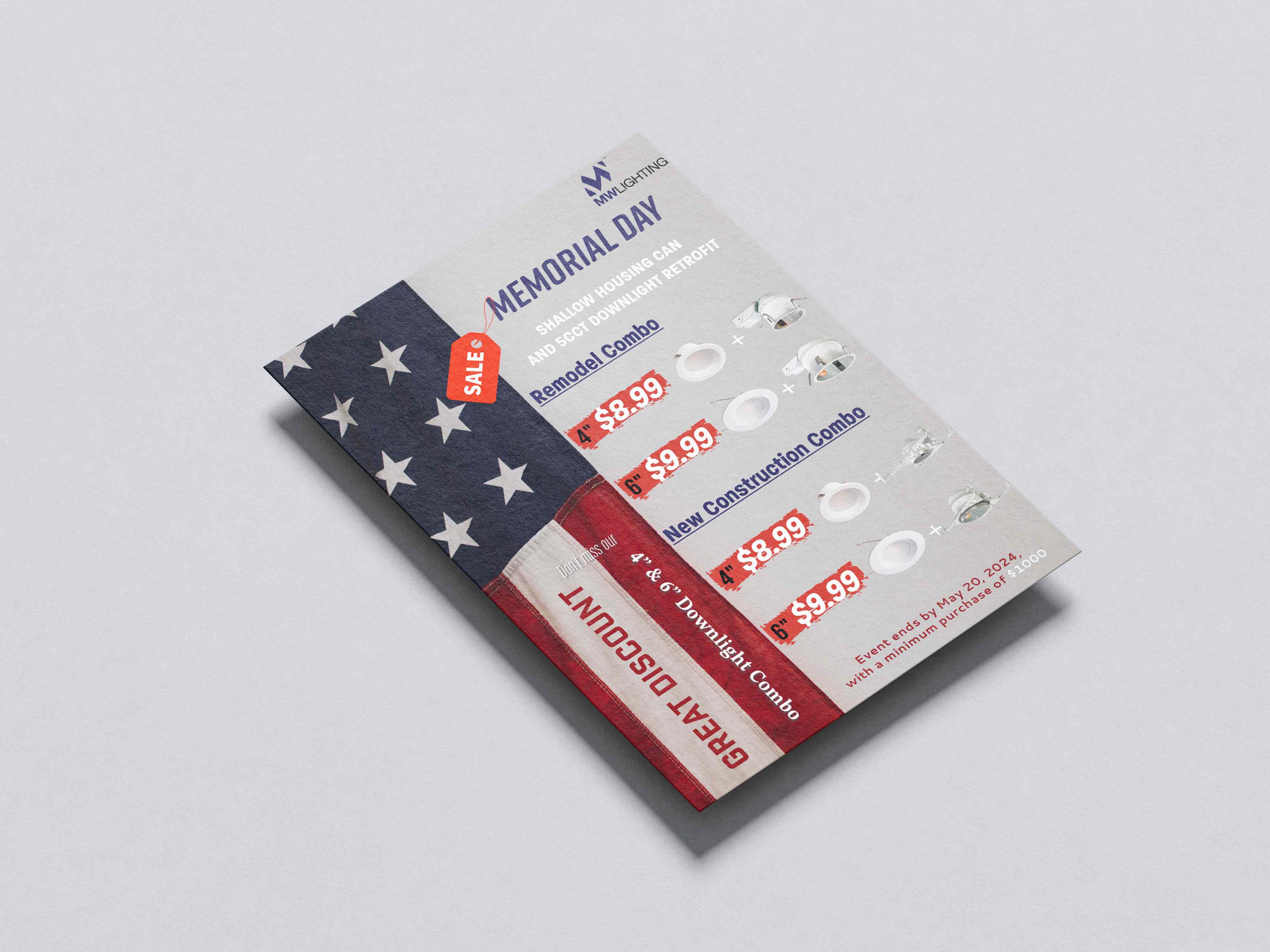 Printed mockup of the MW Lighting Memorial Day promotional flyer