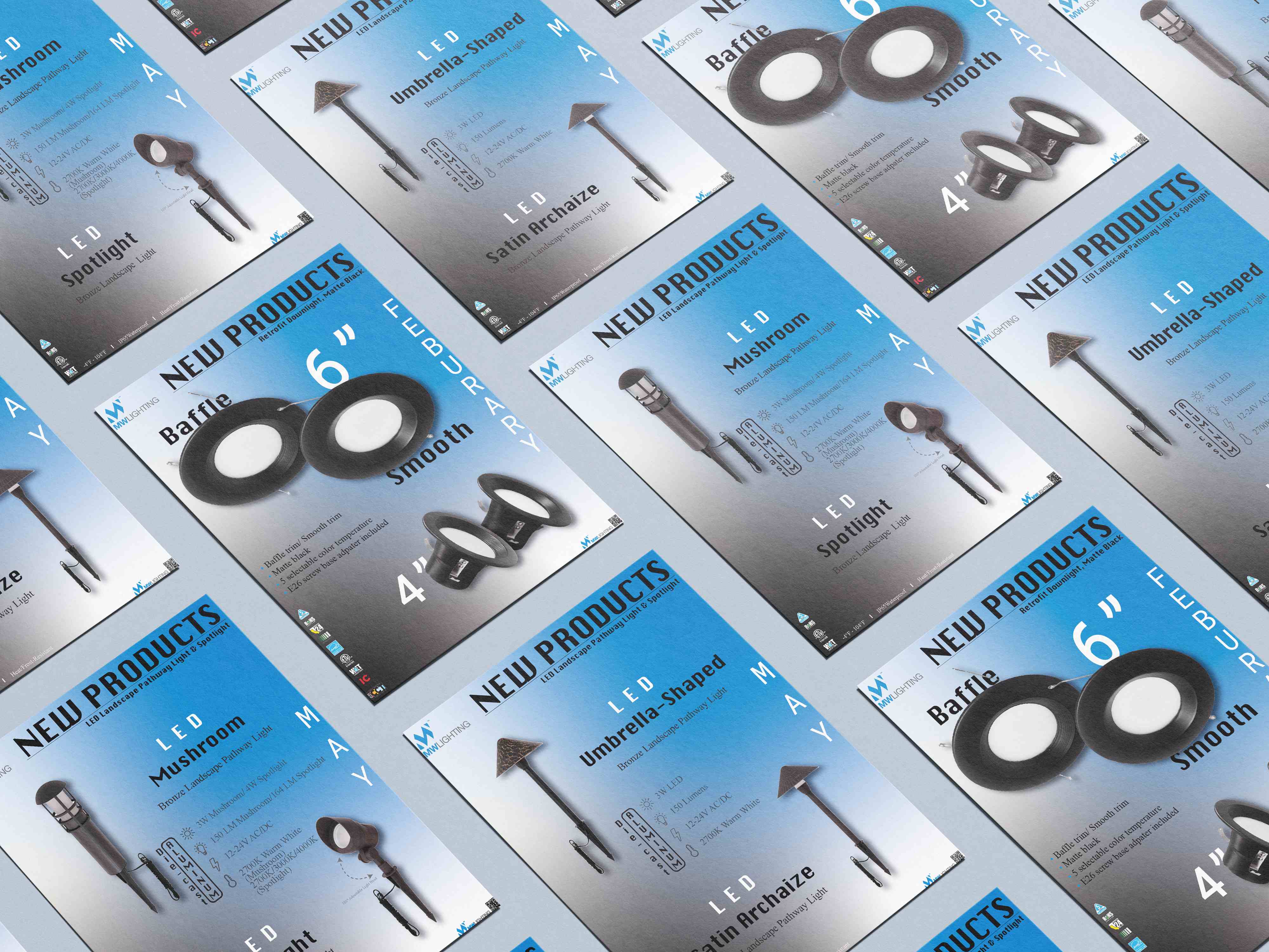 A tiled arrangement of blue MW Lighting “New Products” flyers for landscape pathway lights and retrofit downlights
