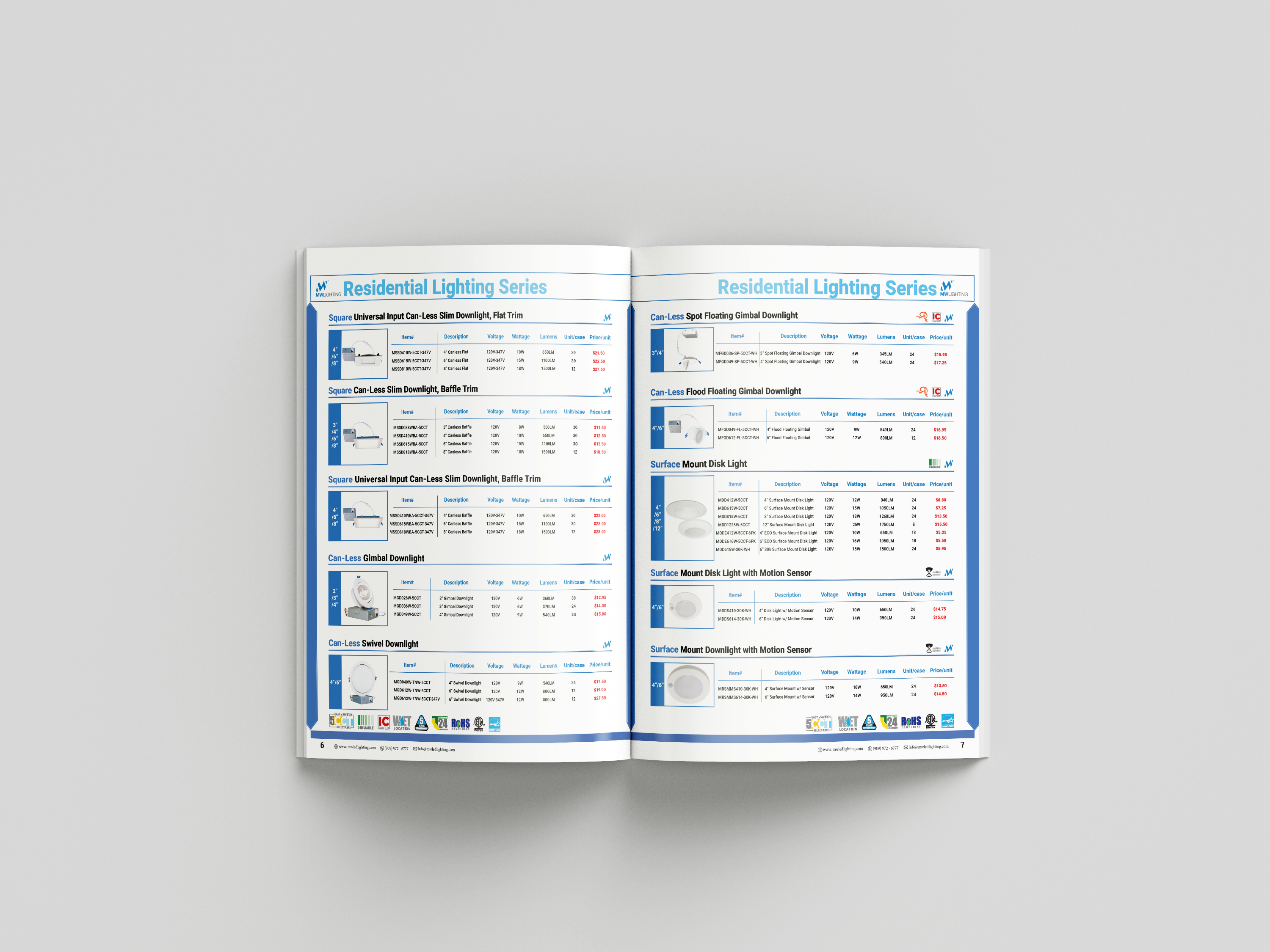 Open MW Lighting price list showing the Residential Lighting Series product tables with images, specifications, and pricing