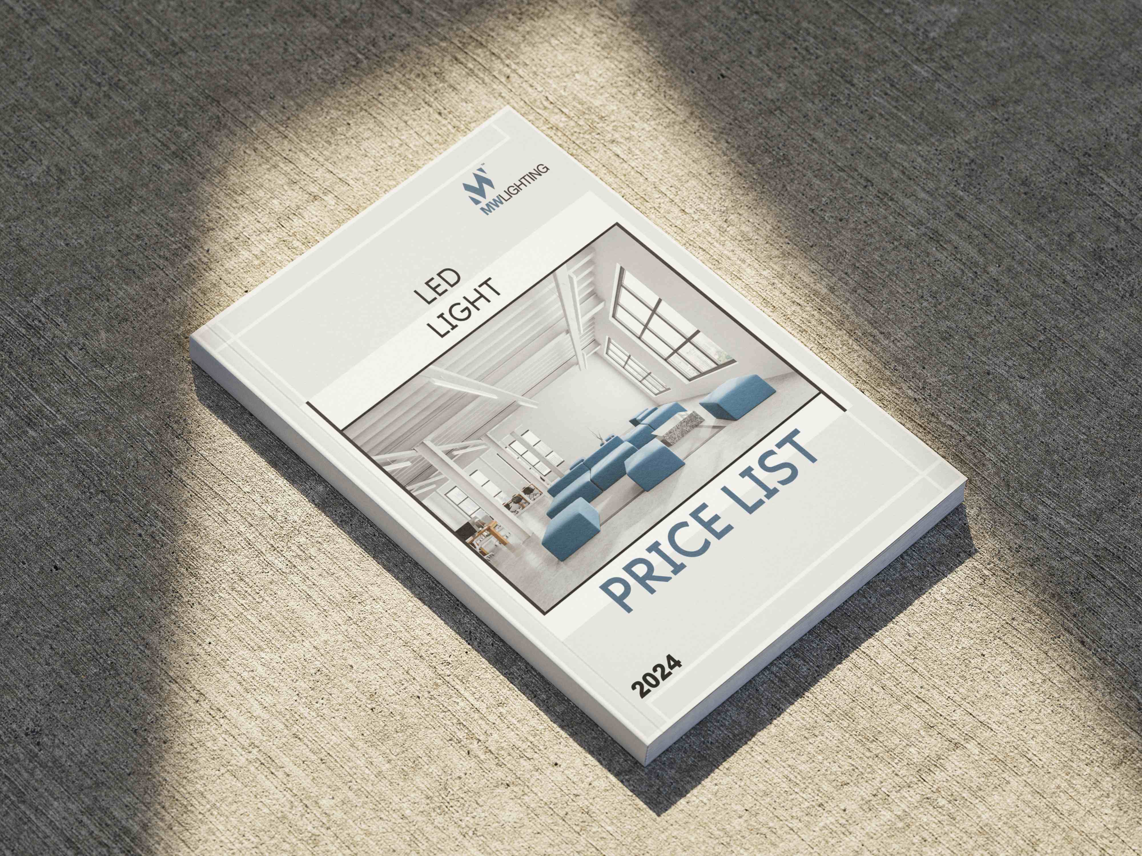 The 2024 MW Lighting Price List shown as a printed book mockup