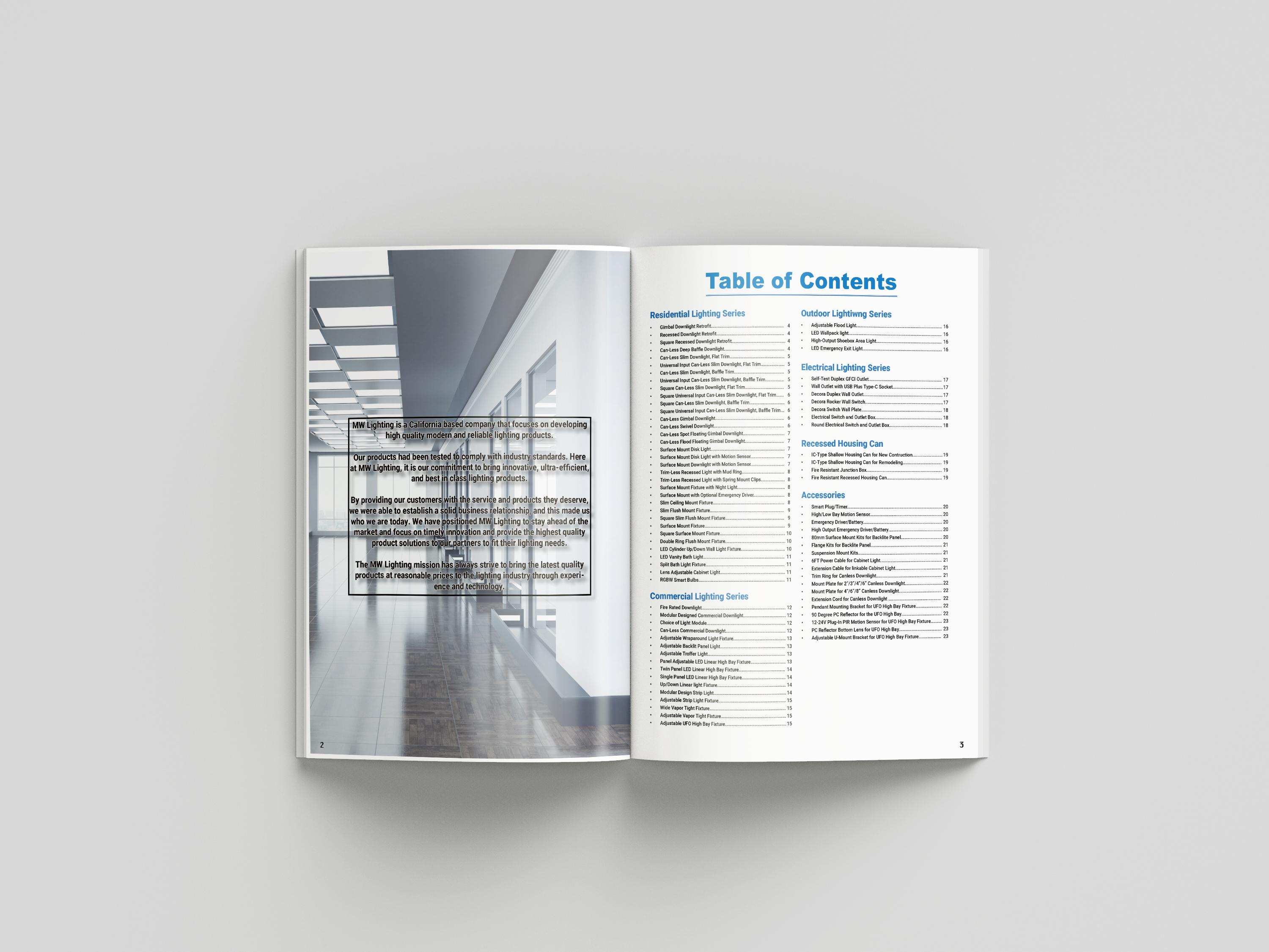 Open MW Lighting catalog showing the company introduction page and the table of contents organized by lighting series